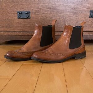 Women's Tan Leather Chelsea Booties with Brogue Detailing